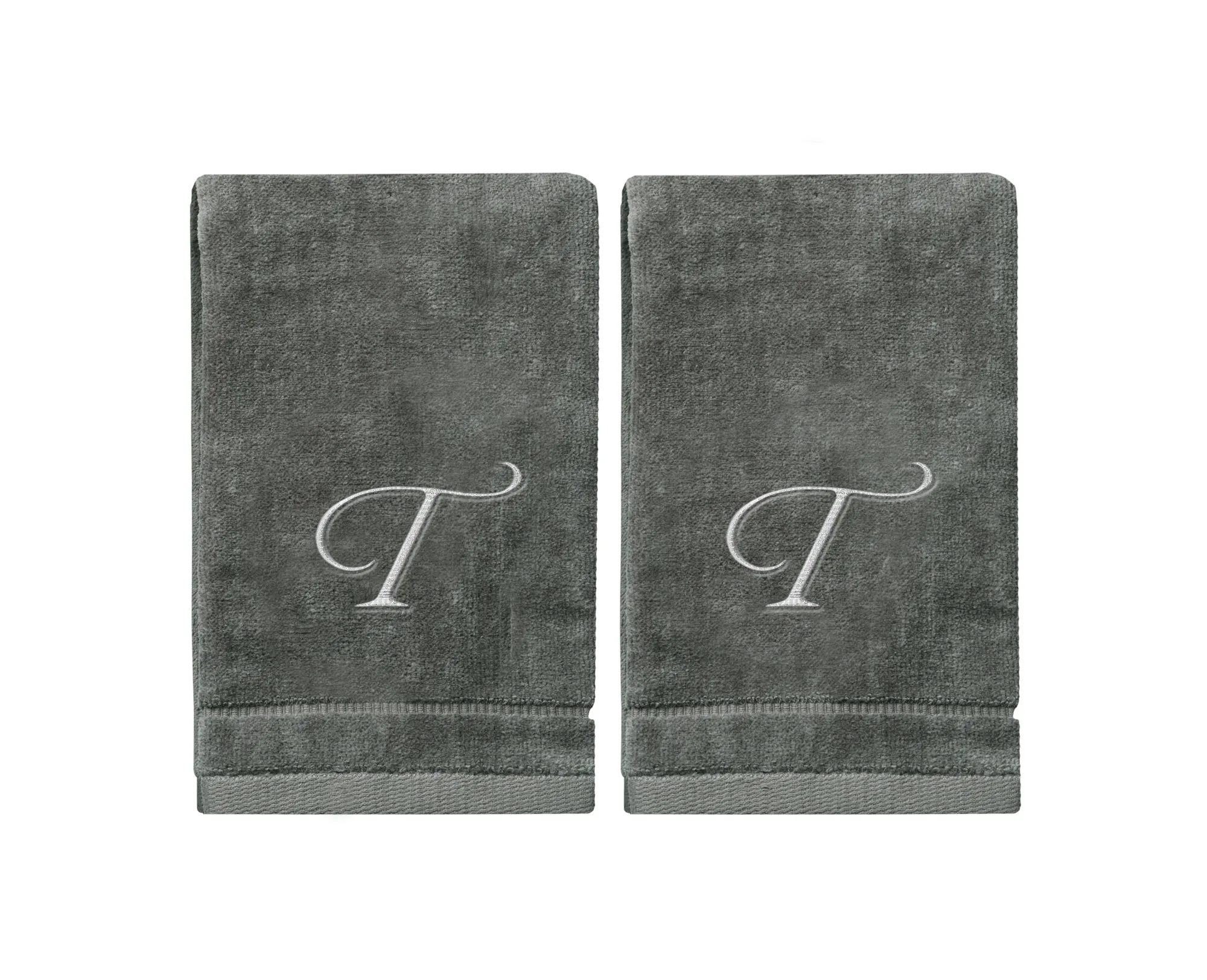 Set of 2 Silver Embroidered Monogrammed Towels - Initial T (Wholesale)