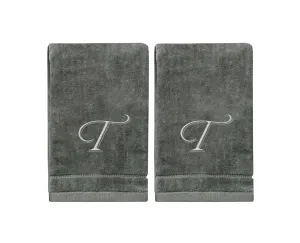 Set of 2 Silver Embroidered Monogrammed Towels - Initial T (Wholesale)
