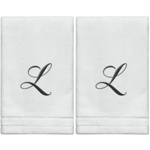 Set of 2 White Monogrammed Towel - Black Embroidered - Initial  L (Wholesale)