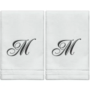 Set of 2 White Monogrammed Towel - Black Embroidered - Initial  M (Wholesale)