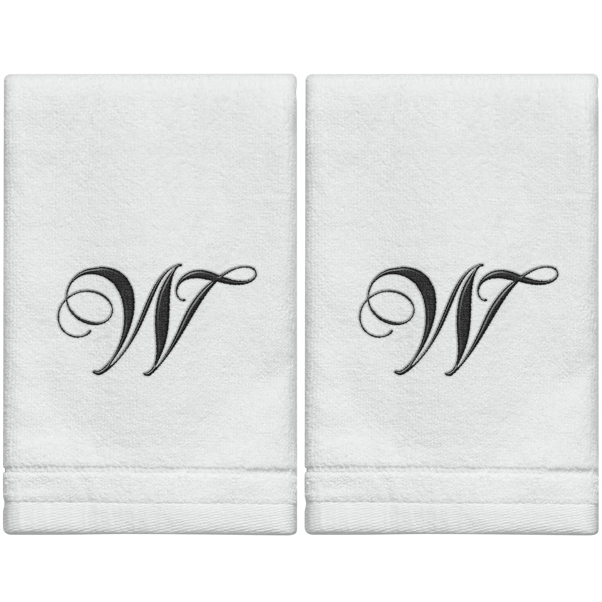 Set of 2 White Monogrammed Towel - Black Embroidered - Initial  W (Wholesale)