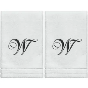 Set of 2 White Monogrammed Towel - Black Embroidered - Initial  W (Wholesale)