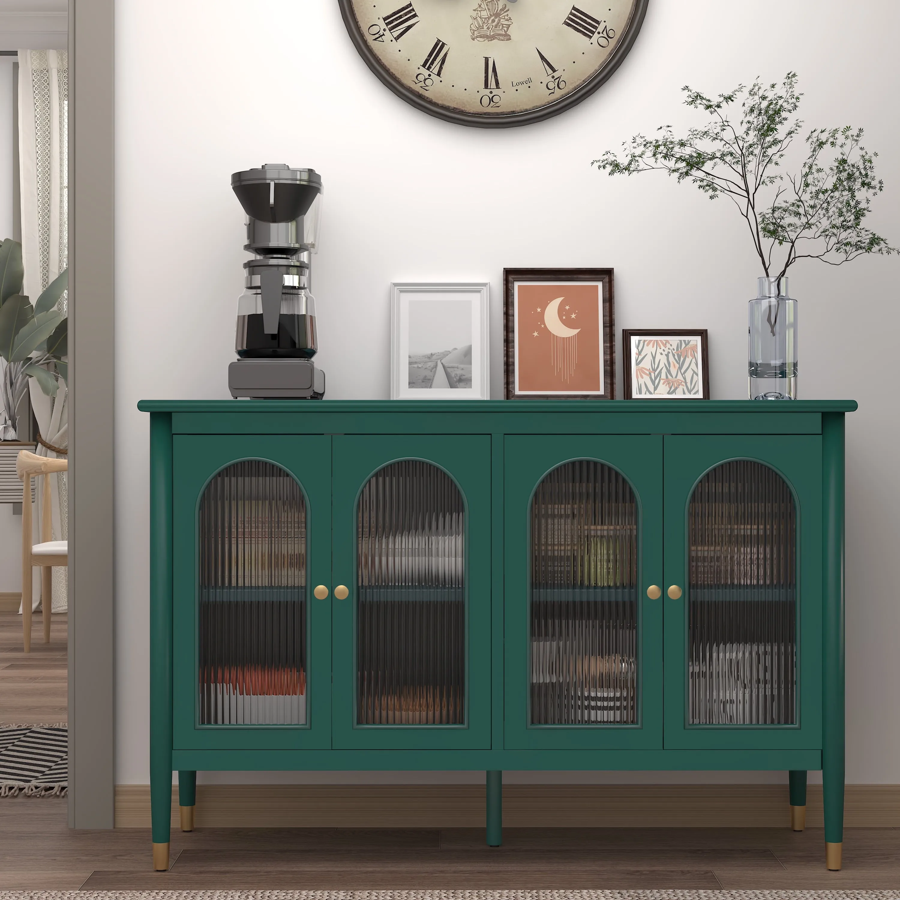 timeless 47.6" Storage Cabinets with 4 Arched Glass Doors, Side Board Buffet Cabinet for Living Room, Black
