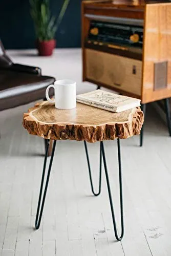 Unique home Antique end Table Round Bedside Table for brdroom, Living Room & Office Plant Stand Indoor Outdoor(top 11'' x 11'' x 1.5'' / Total Height 15'') Foldable Hairpin Black Legs (Sheesham)