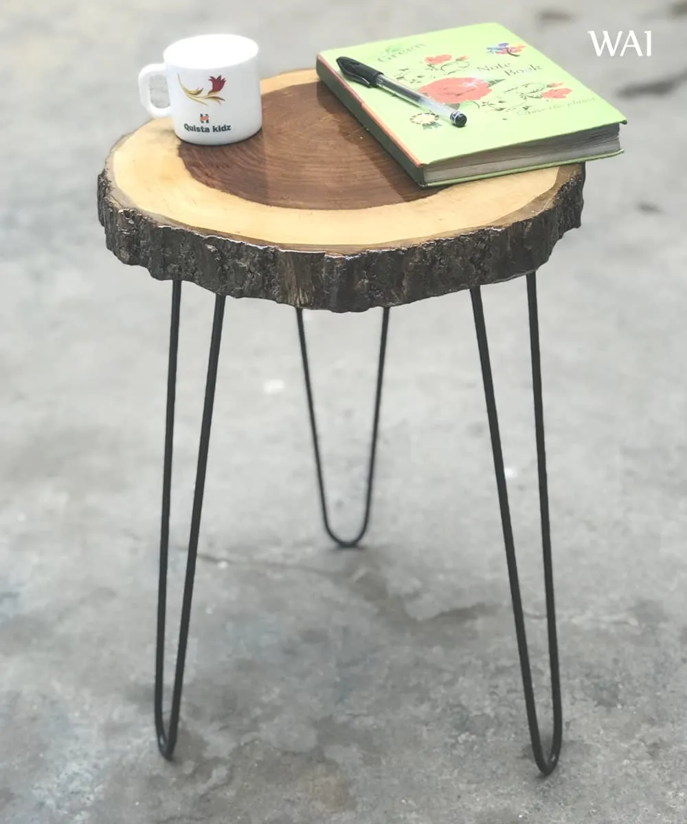 Unique home Antique end Table Round Bedside Table for brdroom, Living Room & Office Plant Stand Indoor Outdoor(top 11'' x 11'' x 1.5'' / Total Height 15'') Foldable Hairpin Black Legs (Sheesham)