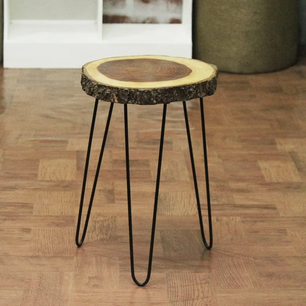 Unique home Antique end Table Round Bedside Table for brdroom, Living Room & Office Plant Stand Indoor Outdoor(top 11'' x 11'' x 1.5'' / Total Height 15'') Foldable Hairpin Black Legs (Sheesham)