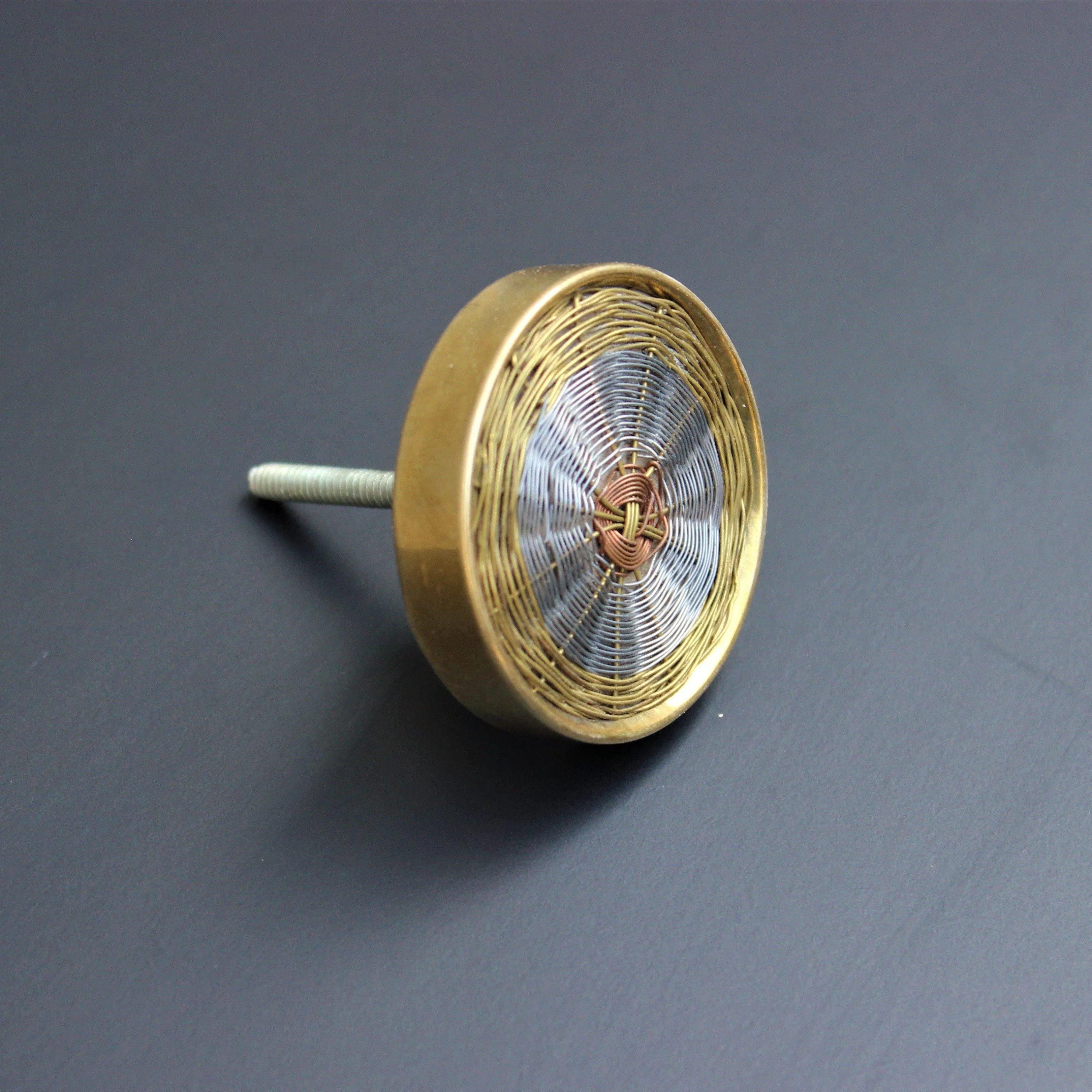 Unique Round Brass Golden Wired & Wooden Design Handmade Drawer Knobs 1Pc