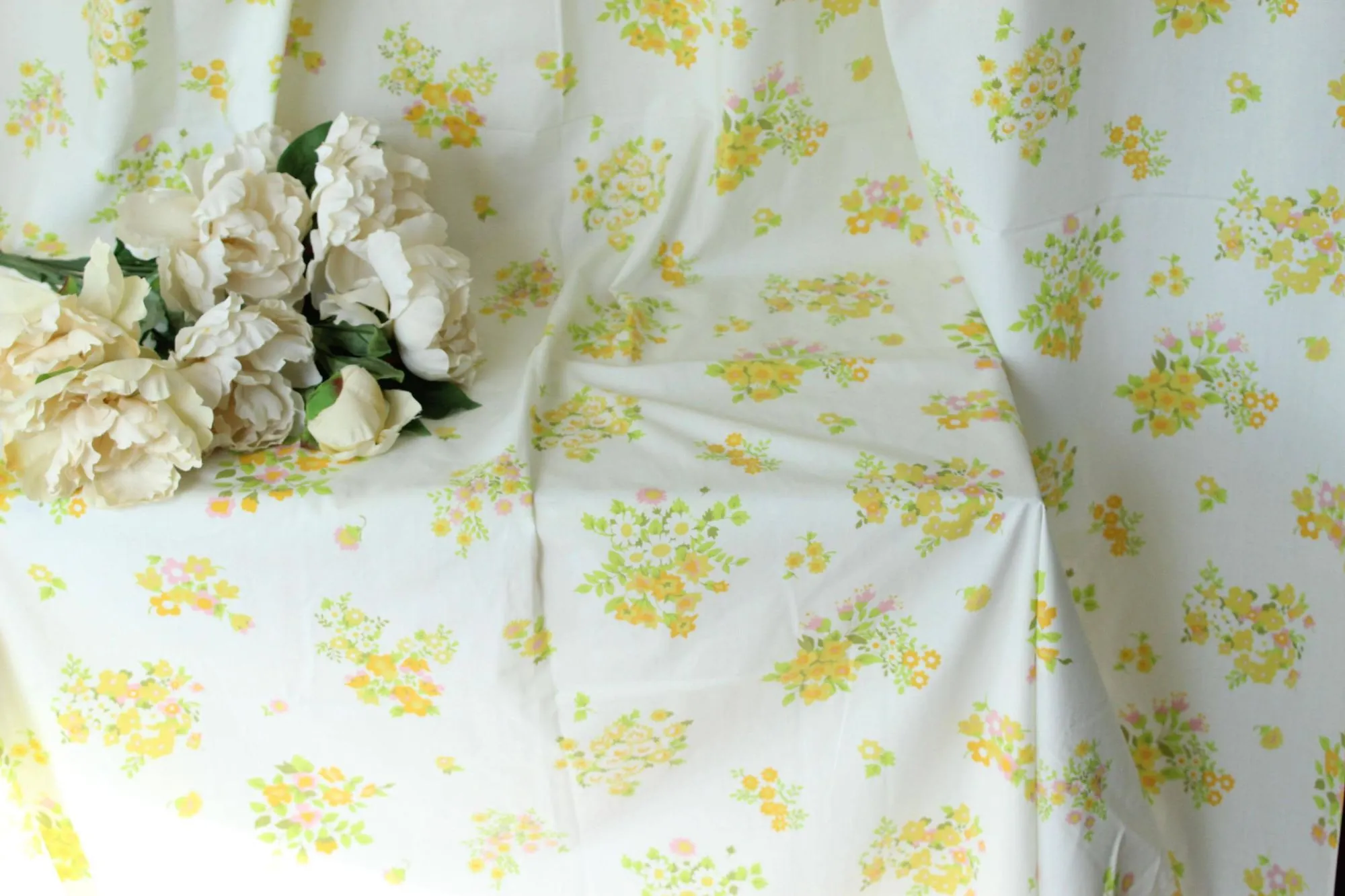 Vintage Fieldcrest Perfection Yellow and Pink Floral Print Flat Twin Bedsheet